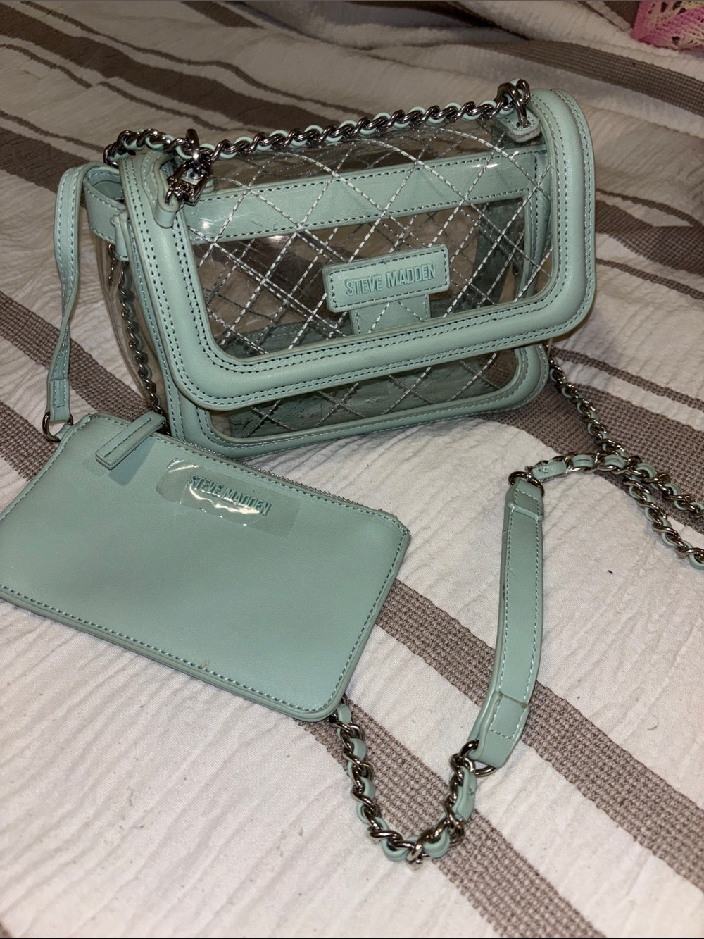 Steve Madden Mint Quilted Clear Crossbody with Silver Chain